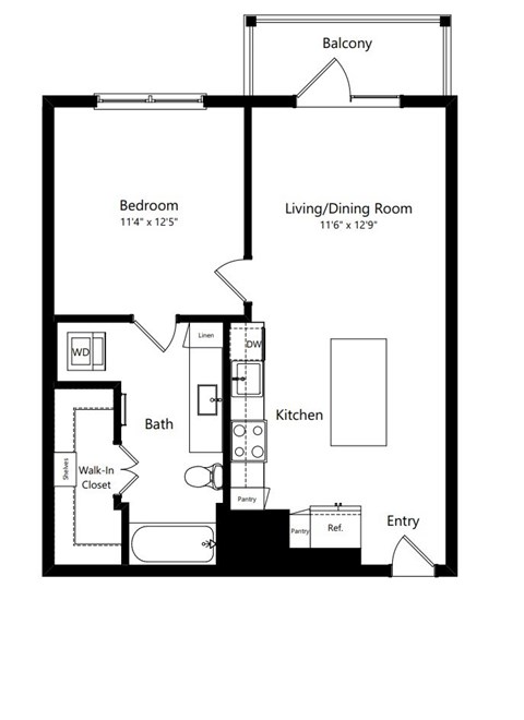 Floor plan for 1 bed, 1 bath, 676 sqft