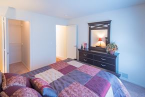 Pontiac apartment for rent - a bedroom with a bed and a dresser with a mirror