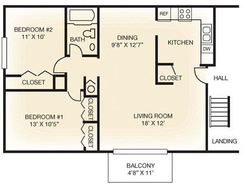 Floor plan for 2 beds, 1 bath, 980 sqft