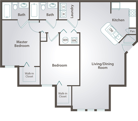 Floor plan for 2 beds, 2 baths