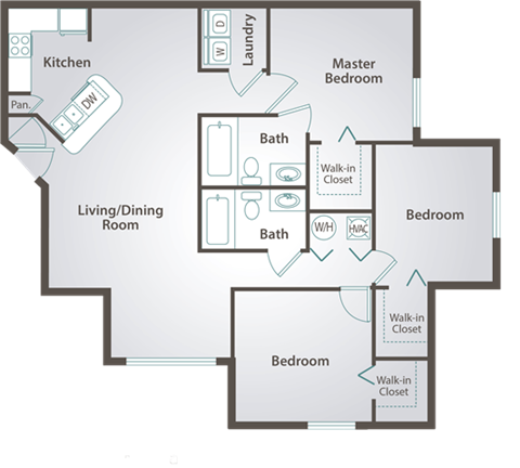 Floor plan for 3 beds, 2 baths
