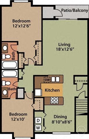 Floor plan for 2 beds, 2 baths, 1000 sqft