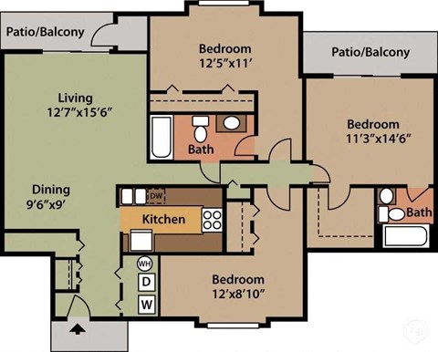 Floor plan for 3 beds, 2 baths, 1350 sqft