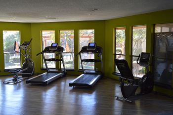 Fitness room with cardio machines and natural lighting