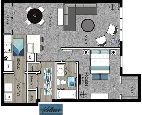 Floor plan for 1 bed, 1 bath, 809 sqft