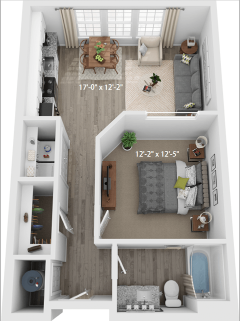 Floor plan for 1 bed, 1 bath, 635 sqft