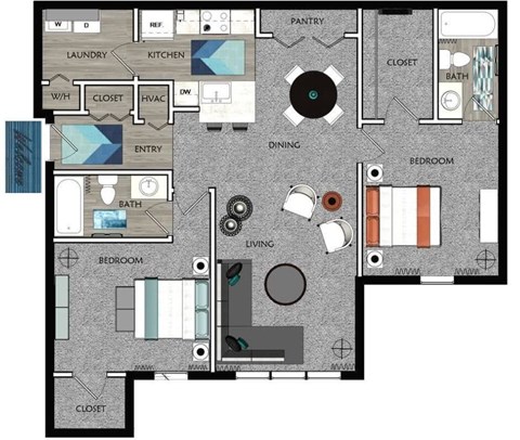 Floor plan for 2 beds, 2 baths, 1074 sqft