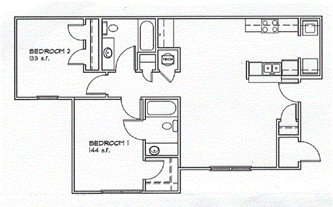 Floor plan for 2 beds, 2 baths, 953 sqft