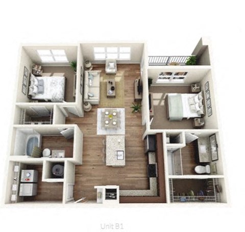 Floor plan for 2 beds, 2 baths, 1049 sqft