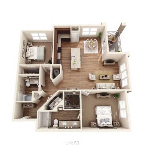Floor plan for 2 beds, 2 baths, 1269 sqft