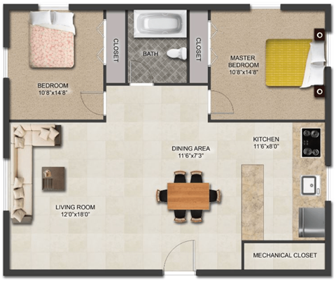 Floor plan for 2 beds, 1 bath, 850 sqft