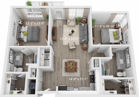Floor plan for 2 beds, 2 baths, 1053 sqft