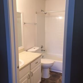 Lawrenceville apartment for rent - A white toilet sits in a bathroom next to a sink.
