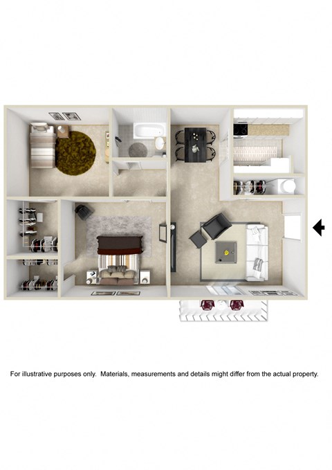Floor plan for 2 beds, 1 bath, 895 sqft