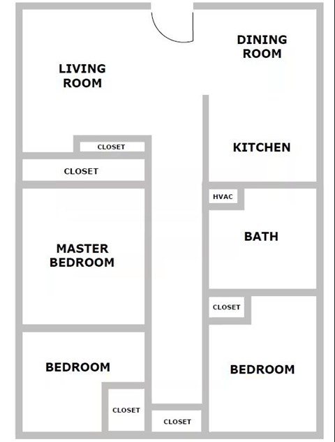 Floor plan for 3 beds, 1 bath, 790 sqft