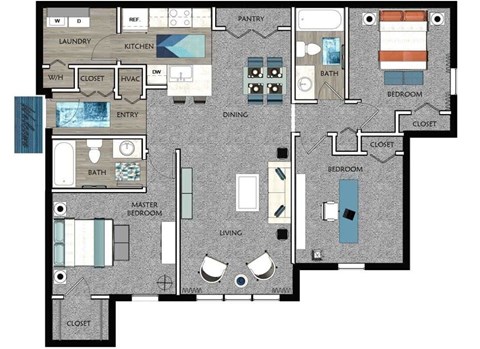 Floor plan for 3 beds, 2 baths, 1197 sqft