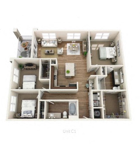 Floor plan for 3 beds, 2 baths, 1405 sqft