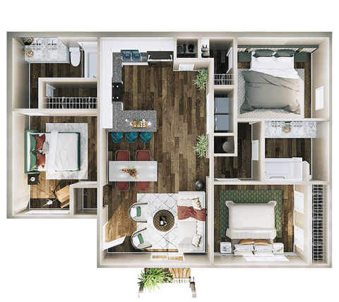 Floor plan for 3 beds, 2 baths, 1368 sqft