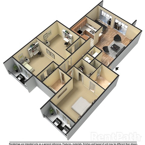Floor plan for 3 beds, 2 baths, 1280 sqft