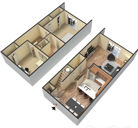 Floor plan for 2 beds, 1.5 baths, 1088 sqft