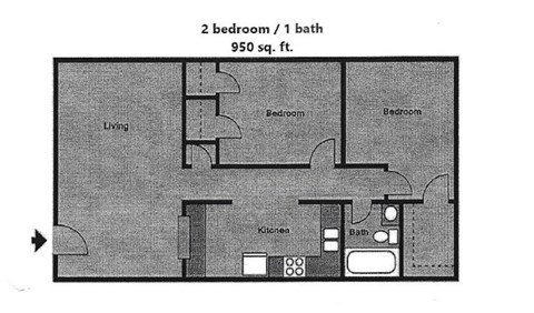 Floor plan for 2 beds, 1 bath, 950 sqft