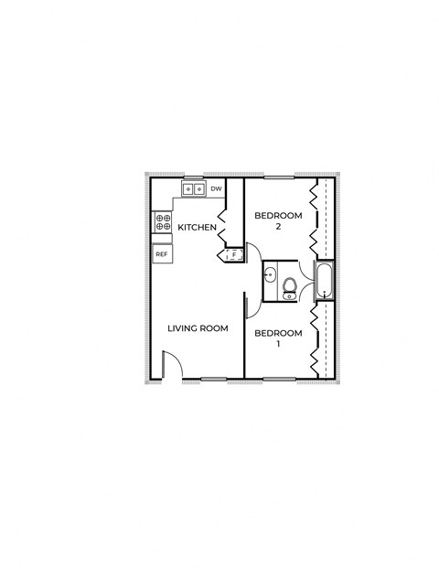 Floor plan for 2 beds, 1 bath, 854 sqft
