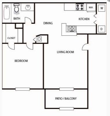 Floor plan for 1 bed, 1 bath, 620 sqft