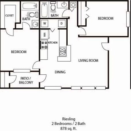 Floor plan for 2 beds, 2 baths, 878 sqft