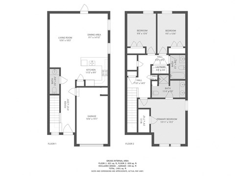 Floor plan for 3 beds, 2.5 baths, 1542 sqft