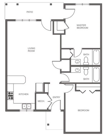 Floor plan for 2 beds, 2 baths, 1005 sqft