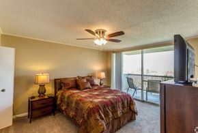 North Little Rock apartment for rent - a bedroom with a bed and a ceiling fan and a tv