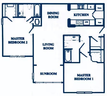 Floor plan for 2 beds, 2 baths, 1100 sqft