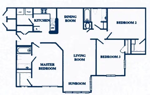 Floor plan for 3 beds, 2 baths, 1320 sqft