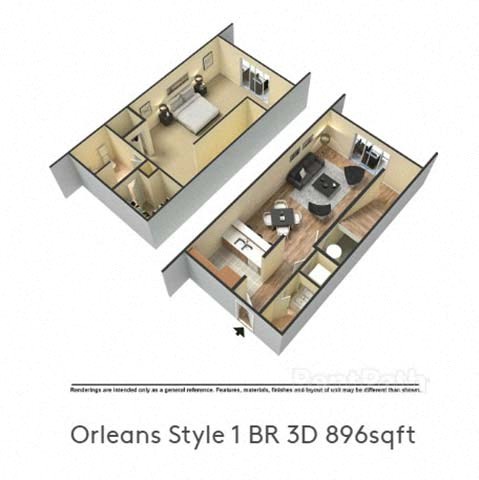 Floor plan for 1 bed, 1.5 baths, 896 sqft