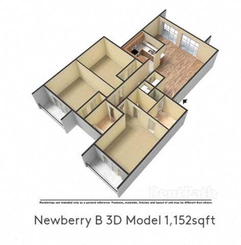 Floor plan for 2 beds, 1.5 baths, 1088 sqft