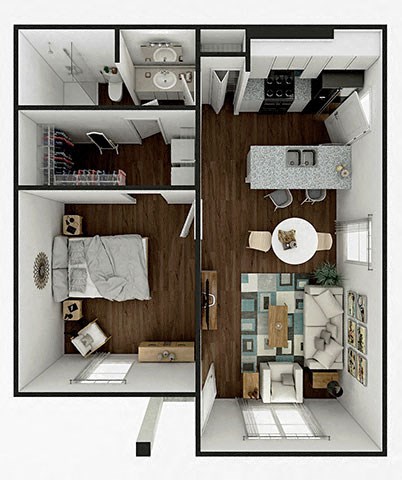 Floor plan for 1 bed, 710 sqft