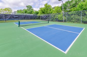 Outdoor pickleball court with net and fencing