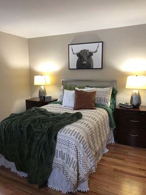 Manchester apartment for rent - a bedroom with a bed and a picture of a bull