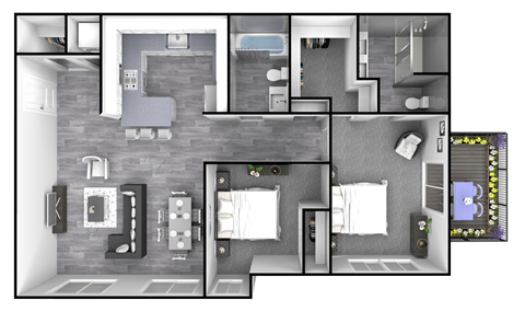 Floor plan for 2 beds, 2 baths, 1027 sqft