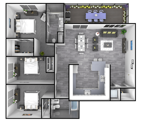 Floor plan for 3 beds, 2 baths, 1210 sqft