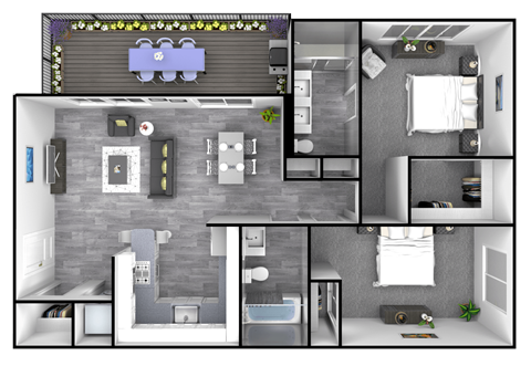 Floor plan for 2 beds, 2 baths, 933 sqft
