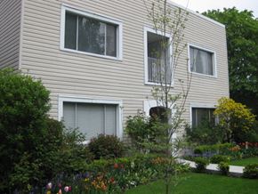 Vancouver apartment for rent - A beige house with a garden in front.