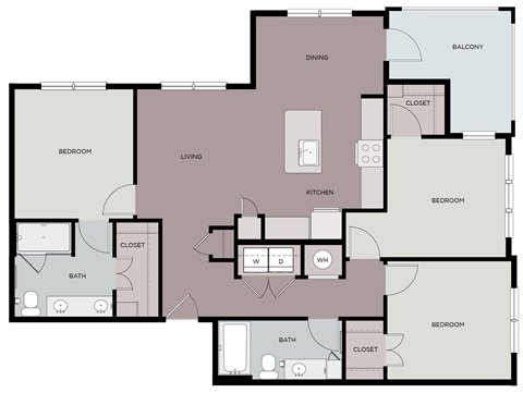 Floor plan for 3 beds, 2 baths, 1257 sqft