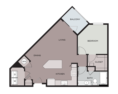 Floor plan for 1 bed, 1 bath, 764 sqft