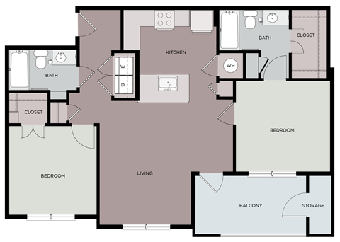 Floor plan for 2 beds, 2 baths, 976 sqft
