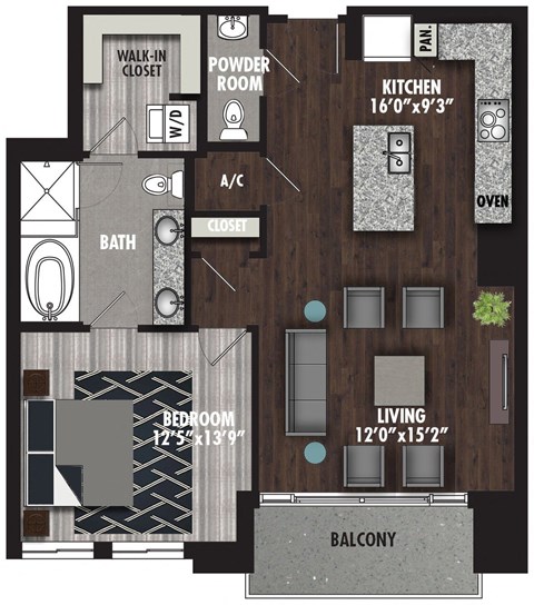 Floor plan for 1 bed, 1.5 baths, 951 sqft