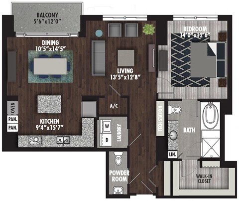 Floor plan for 1 bed, 1.5 baths, 1156 sqft