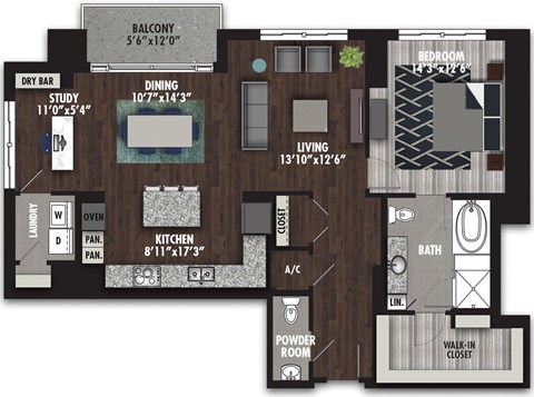 Floor plan for 1 bed, 1.5 baths, 1246 sqft