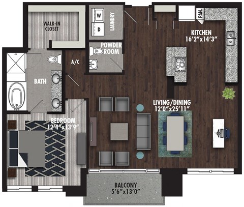 Floor plan for 1 bed, 1.5 baths, 1279 sqft