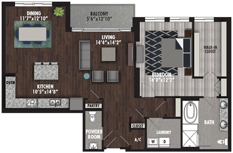 Floor plan for 1 bed, 1.5 baths, 1280 sqft